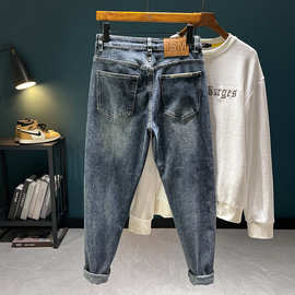 欧洲站牛仔裤男2024秋冬新款轻奢高端弹力哈伦锥形百搭修身小脚裤