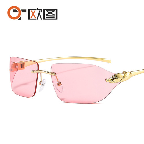 Metal leopard head decoration cross-border hot-selling frameless side shield curved sunglasses colorful fashion retro men's and women's sunglasses