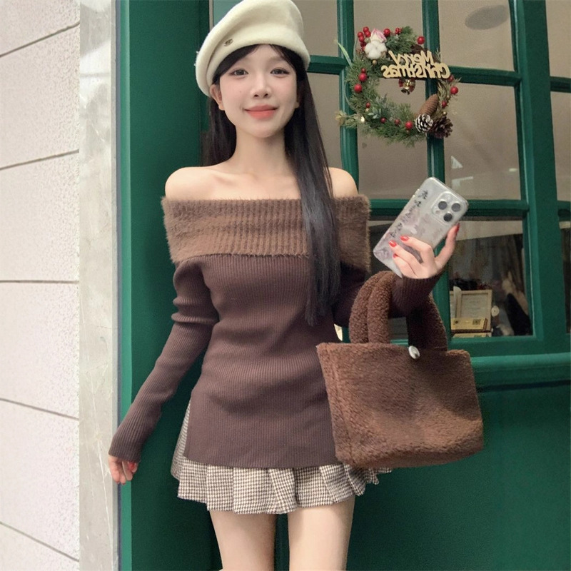 Mink Velvet Angora Red Sweater Autum Unique and Chic Pure Lust Hot Girl One-Shoulder Top Women's Bottoming Shirt Mink Velvet Angora Red Sweater Autum Unique and Chic Pure Lust Hot Girl One-Shoulder Top Women's Bottoming Shirt