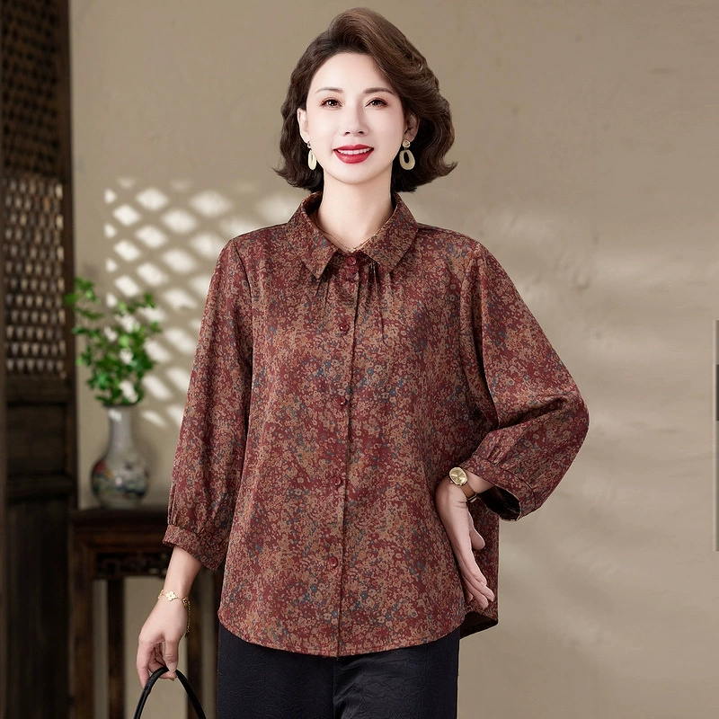 Мама платье 2025 рубашка весна и осень новый средний и пожилой женщины свободный топ для пожилых людей рубашка с принтом моды
