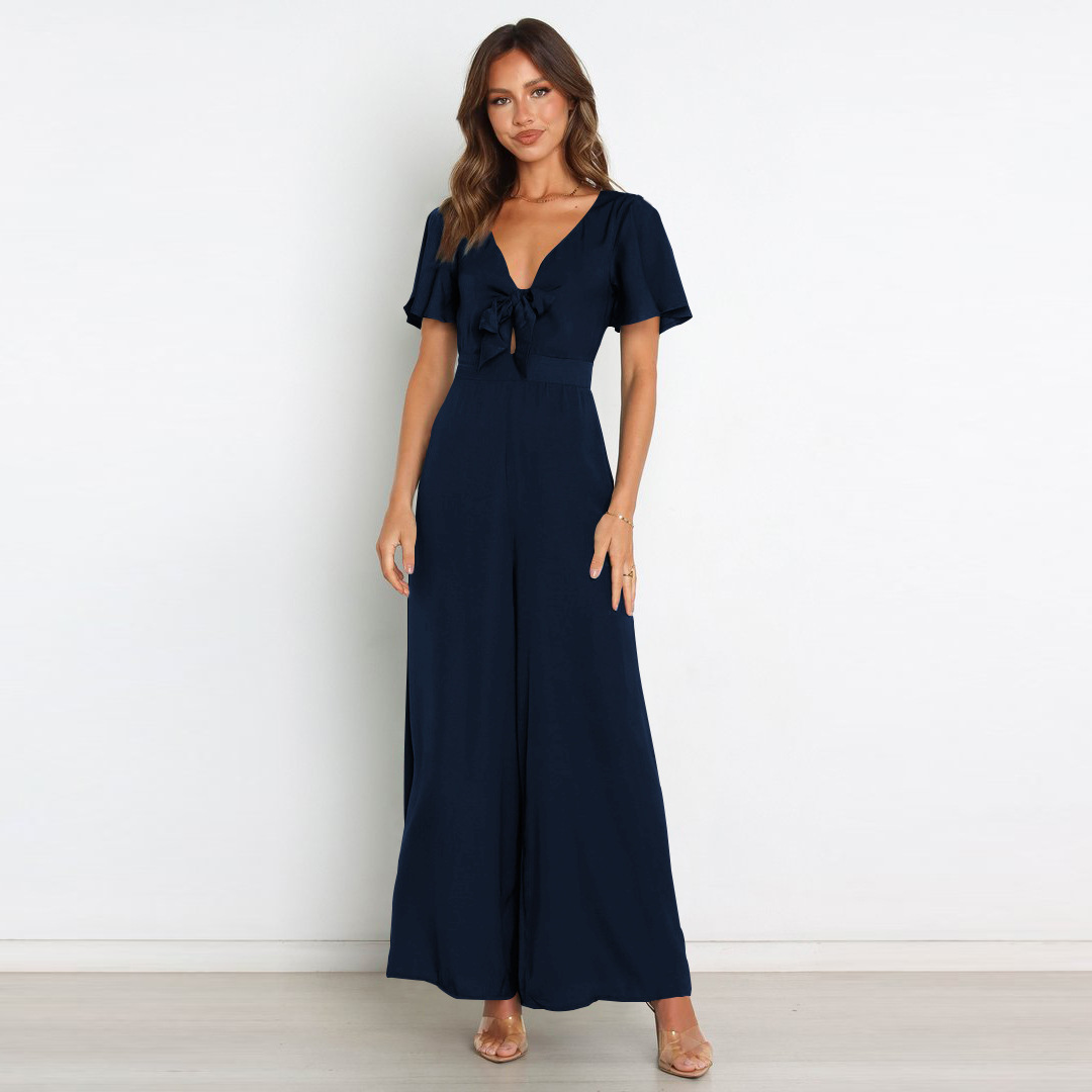 lotus leaf sleeves V-neck wide-leg lace-up solid color jumpsuit NSMDF126483