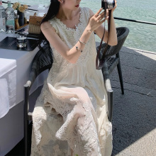 现货 爱琴海重磅亚麻蕾丝裙无袖U领宽松刺绣连衣裙海边度假裙子