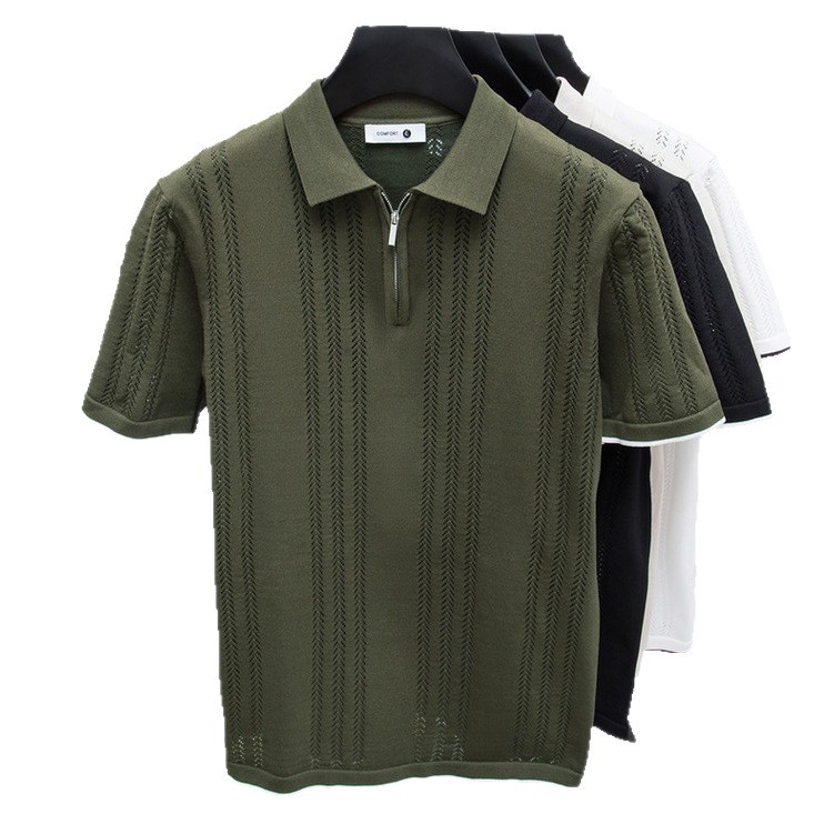 POLO suéter de punto de manga corta con solapa para hombre, verano, seda de hielo, rayas, color a juego, negocio, delgado, marea, comercio exterior, venta al por mayor transfronteriza