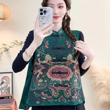 2025春国风重工刺绣女缎面坎肩女式民族风盘扣带里布中式马甲