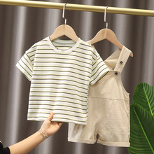 條紋拼色圓領套頭T恤衫純色背帶褲兩件套男女童寶寶時尚簡約套裝