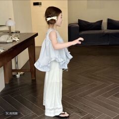 女童套装2025夏季新款女宝宝不规则荷叶边上衣娃娃衫阔腿裤两件套