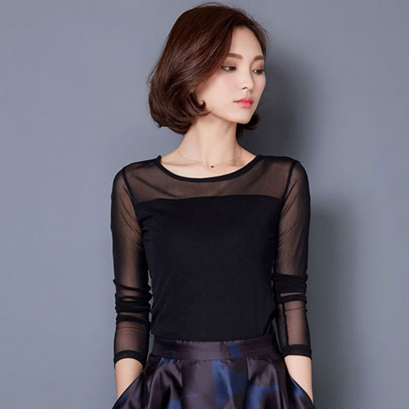 봄과 가을 새로운 슬림핏 플러스 사이즈 크루넥 레이스 셔츠 메쉬 베이스 셔츠 긴팔 티셔츠 여성용 올매치 아우터 탑