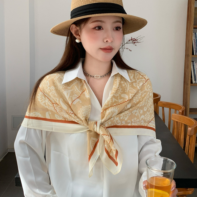 ベージュカシューフラワー 90 綿とリネンの大きな正方形のスカーフ女性の夏薄い旅行日焼け止めショールスカーフ包頭スカーフ|undefined