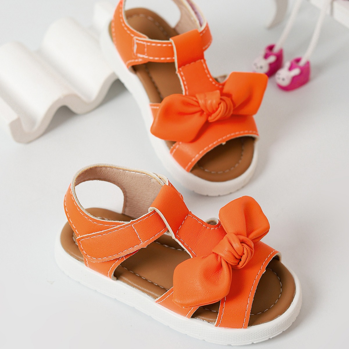 orange summer comfortable sandals for leisure with bow flat