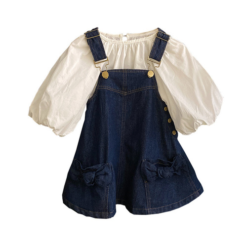 Korean children's clothing  spring new style girls' temperament lantern sleeve shirt bow denim suspender skirt suit