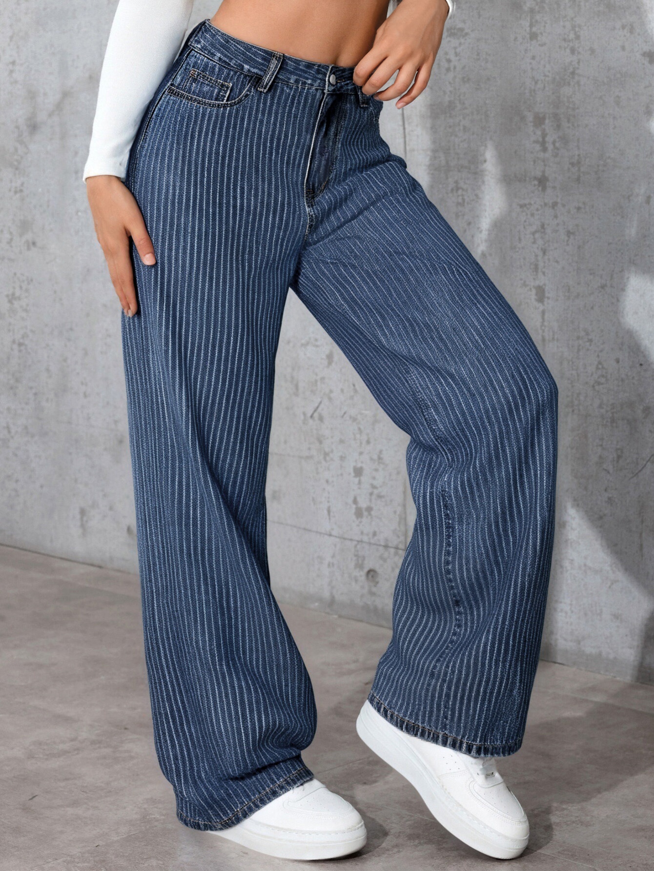Women's High-Waisted Straight Leg Jeans Size 26 Sweet And Spicy Style Casual Striped Trousers Top Selling_mkmklike.com