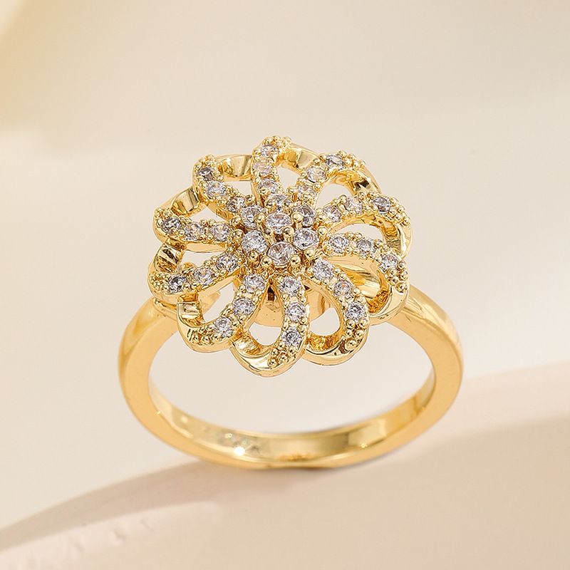 18K oro real color-preservar la suerte de la hierba estilo coreano transfronterizo diamante incrustado rotación de moda abierto anillo ajustable