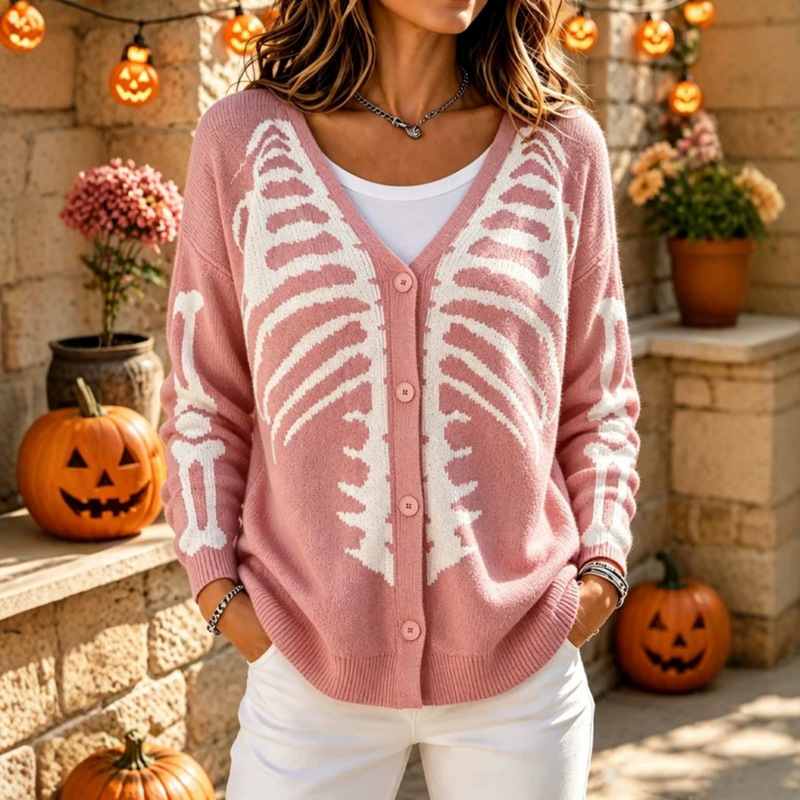 2026 Cross-Border Amazon Winter Women's New Skeleton Rib Halloween Funny Print Fashionable Faux Sweater 2026 Cross-Border Amazon Winter Women's New Skeleton Rib Halloween Funny Print Fashionable Faux Sweater