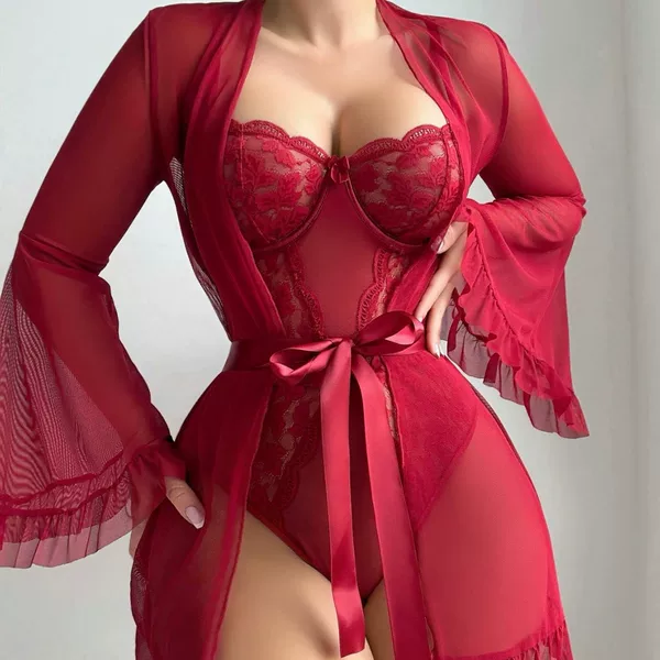 Cross-Border Sexy Pajamas, European and American Style Lingerie, Bell Sleeves, Foreign Trade Jumpsuit, Lace-Up Lace Sexy Set for Women