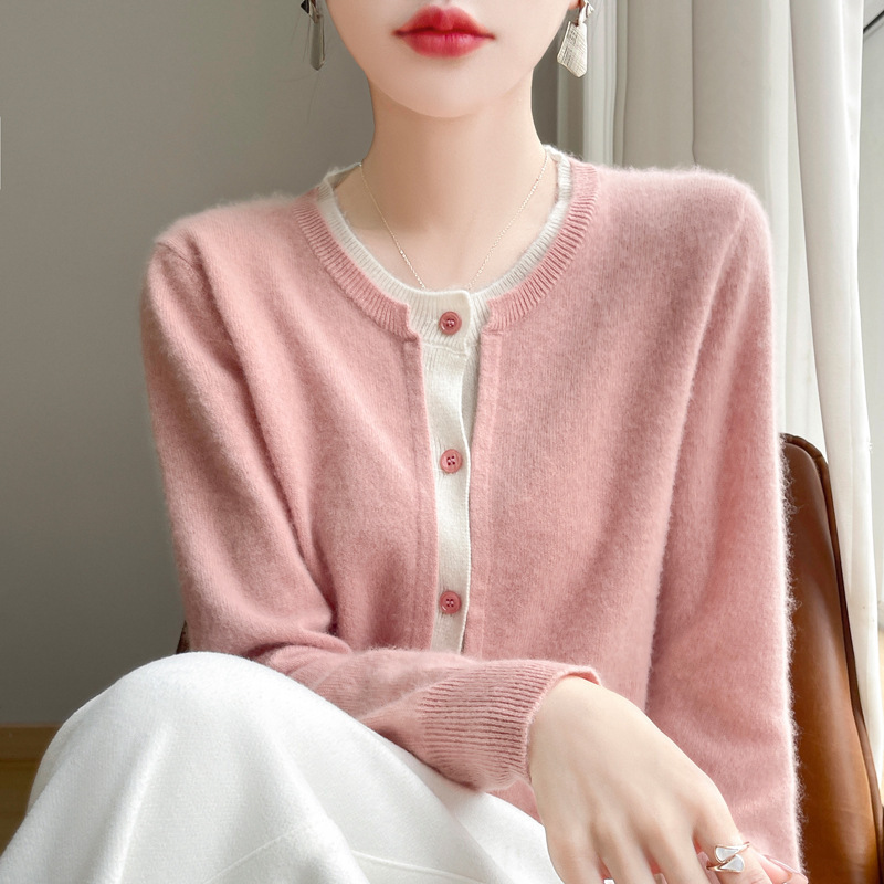 圆领拼色针织衫假两件开衫女秋冬款宽松羊毛针织韩版上衣短外套|undefined