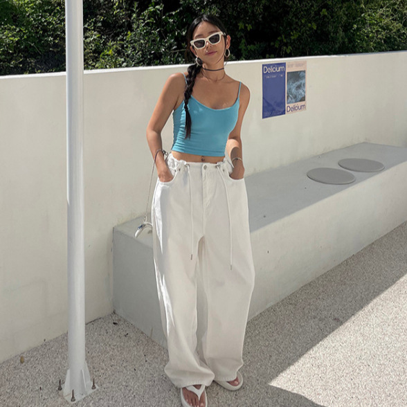 High Waist Drawstring Casual Wide Leg Jeans Korean Style Washed Retro Clear Color Loose All-Match Straight Pants Trousers 2 Color