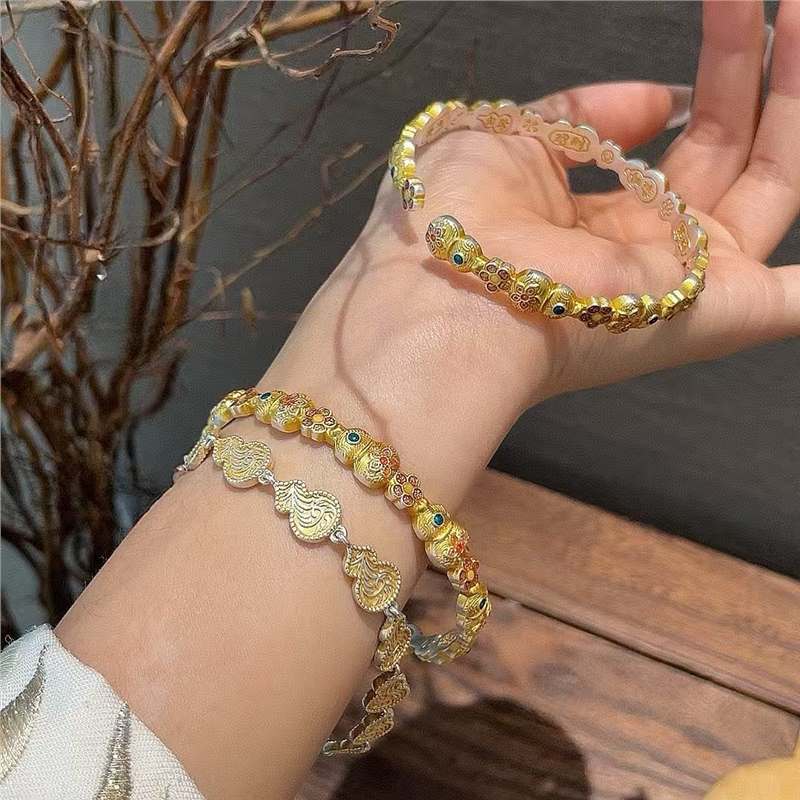 Pure Silver 9999 Gold-Painted Enamel Gourd Flower Bracelet with Auspicious Message for Women, Chinese Style, New Chinese Style Pure Silver Jewelry, Holiday Gift Pure Silver 9999 Gold-Painted Enamel Gourd Flower Bracelet with Auspicious Message for Women, Chinese Style, New Chinese Style Pure Silver Jewelry, Holiday Gift