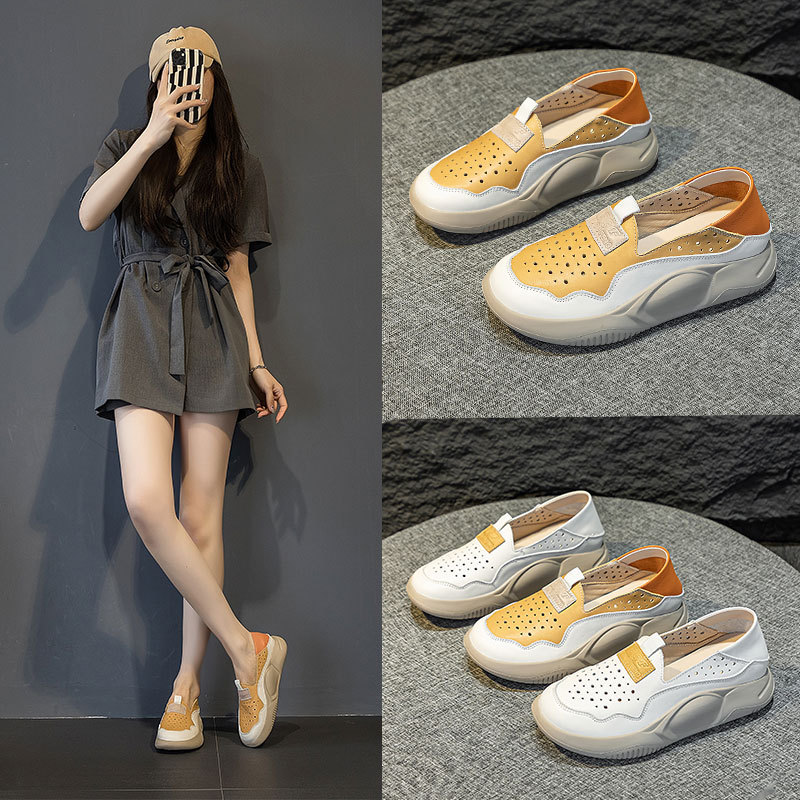 White shoes women's all-match thick-soled leather hole shoes summer new slip-on loafers top layer cowhide casual shoes White shoes women's all-match thick-soled leather hole shoes summer new slip-on loafers top layer cowhide casual shoes