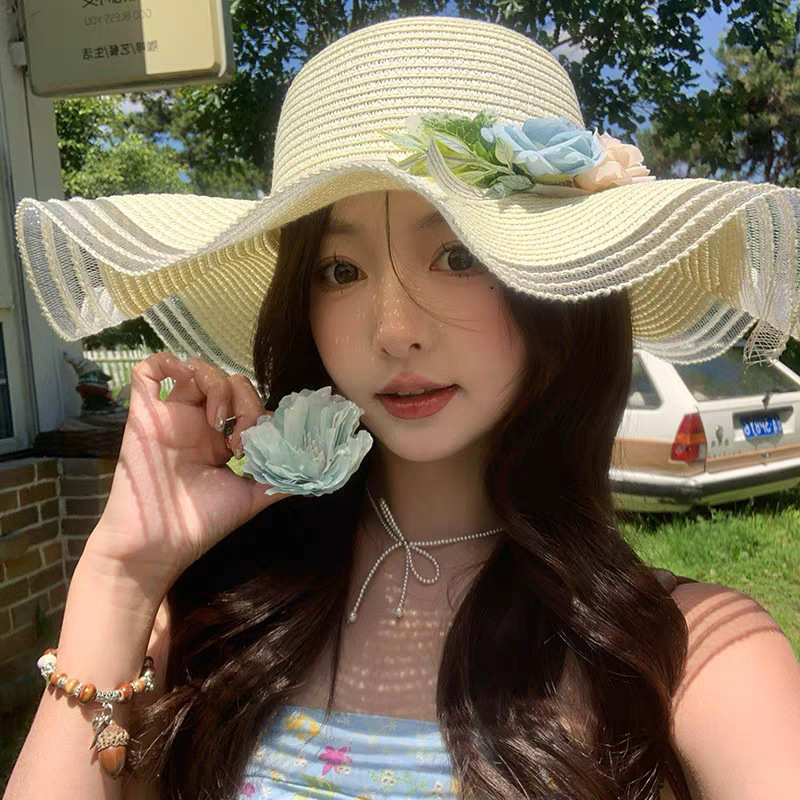 中空ラフィア帽子女性の夏フレンチスタイル中空大きなつば日焼け防止帽子海辺の写真休暇ビーチ帽子|undefined