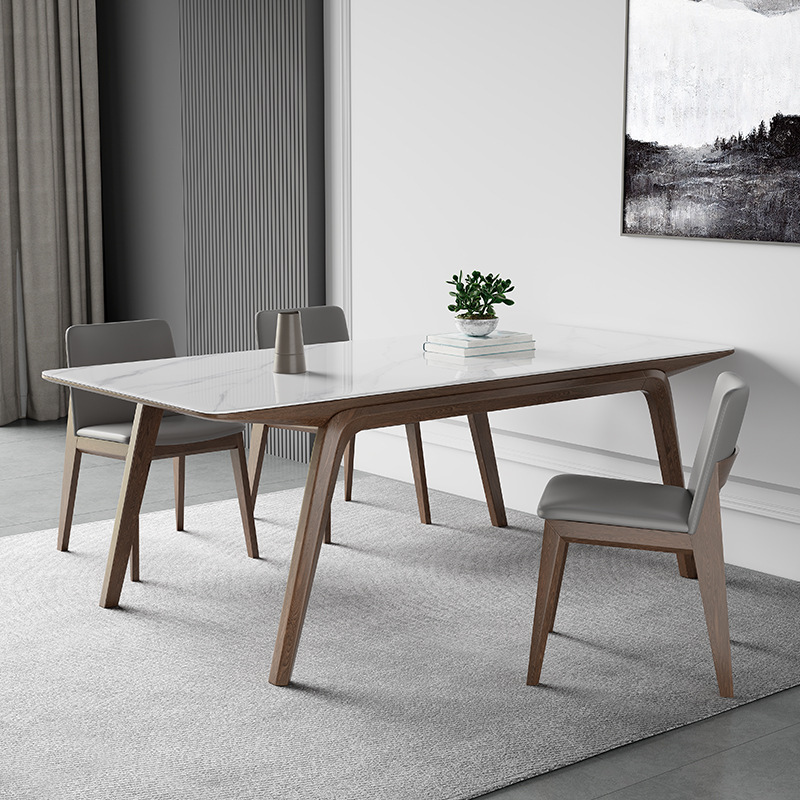 轻奢实木亮光岩板餐桌现代简约白蜡木长方形餐桌家用小户型吃饭桌