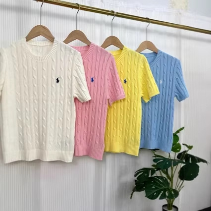 Foreign Trade Spring/Summer Rl Ralph Lauren Embroidered Logo Cable Knit Round Neck Short-Sleeve College Style Casual Top