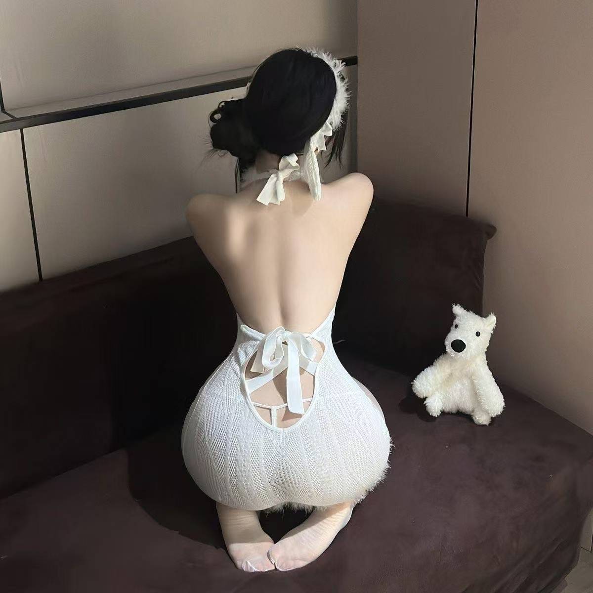 Bunny Girl Roleplay Lingerie Set with Halter Deep V Plush Dress and Stockings — detail image 5