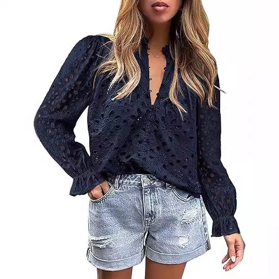 2024 Cross Border Women's Autumn Top Fashion Trumpet Long Sleeve Casual V-Neck Button Hollow Lace Embroidered Shirt