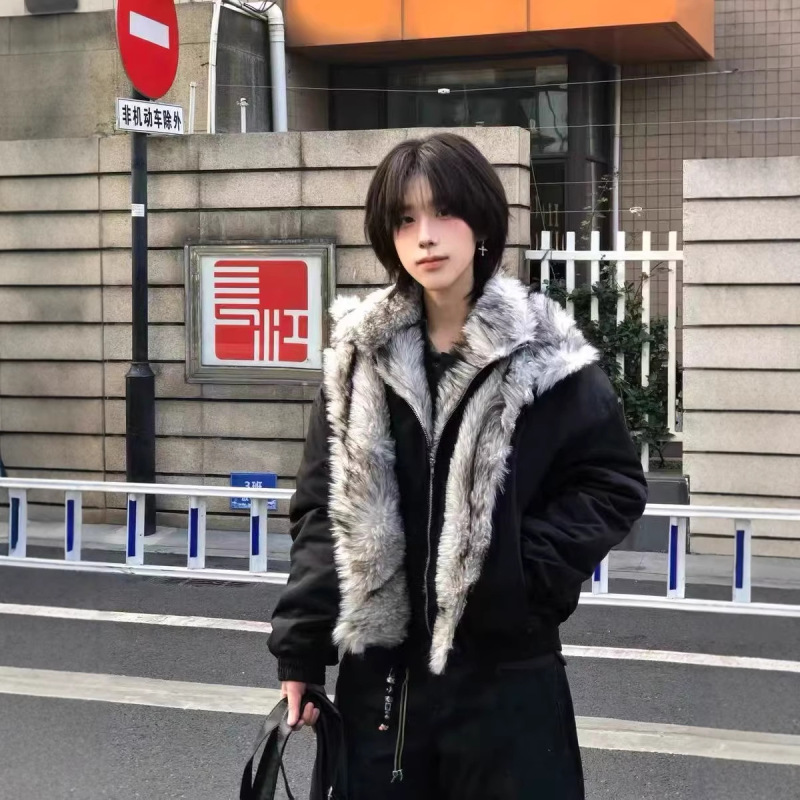 Polar Wolf King" Wolf Fur Mountain Eagle 2.0 Fake Two-Piece Unisex Cotton Jacket Thickened Warm Short Wide Jacket Winter