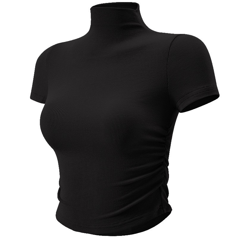 Cross-Border Small Turtleneck Sports Top Women's Pleated Slim Yoga Wear Thin Running Fitness Short-Sleeved T-Shirt