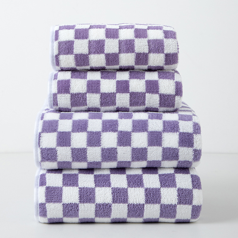 Cross-Border Checkerboard 4-Piece Towel Set Soft and Absorbent Coral Velvet Thickeneded Adult Face Wash and Bath Beach Towel
