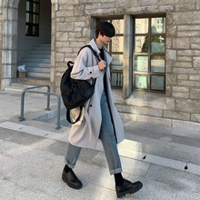 韩系风衣男士外套秋冬季双排扣过膝英伦大衣中长款宽松痞帅感