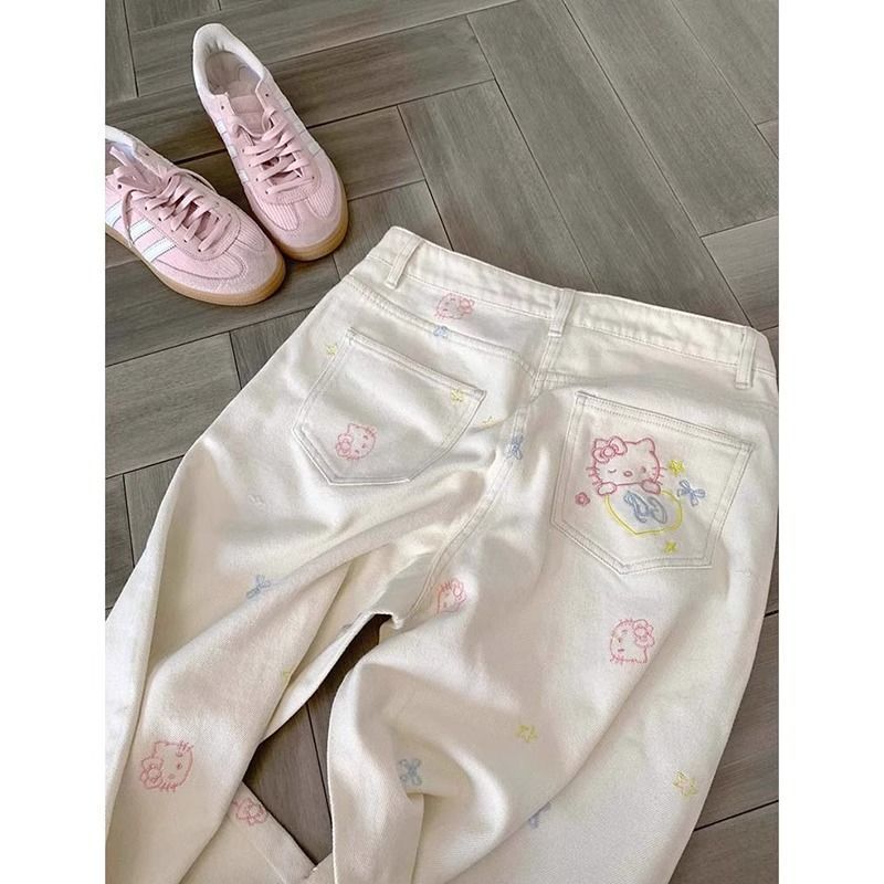 White Cute Kitty Cartoon Embroidered Jeans for Women Summer Large Size Design American Wide Leg Straight Pants