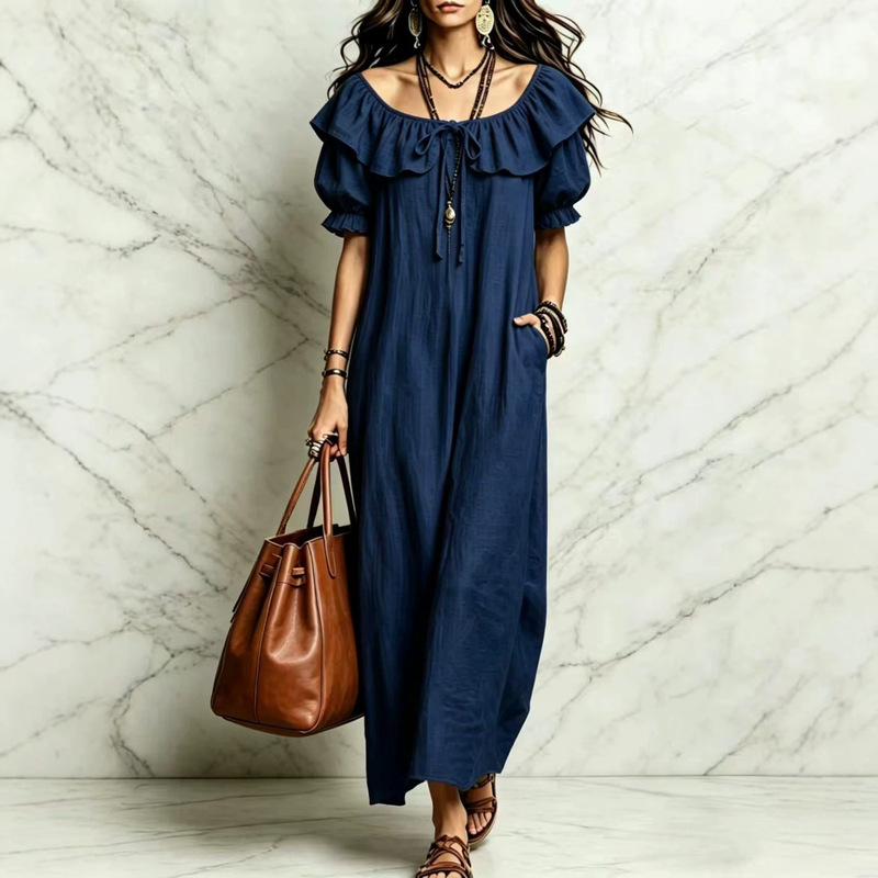 2026 Cross-Border Amazon European and American New Style Round Neck Ruffled Casual Elegant Beach Vacation Dress 2026 Cross-Border Amazon European and American New Style Round Neck Ruffled Casual Elegant Beach Vacation Dress