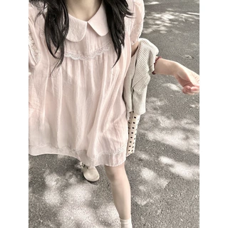 韩系甜妹风娃娃领泡泡袖花边连衣裙夏季减龄少女感蕾丝娃娃裙短裙