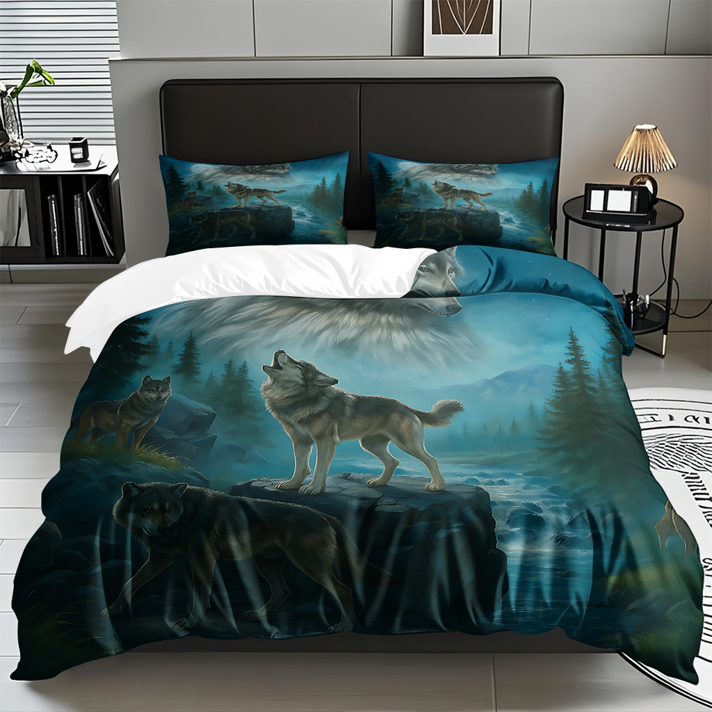 TEMU / JIT adaptado al patrón de lobo impresión digital set edredón molido textil transpirable para dibujar puede hacer