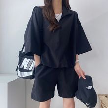 外贸高领拉链短袖短裤女装两件套款春夏季时尚休闲运动服套装宽松