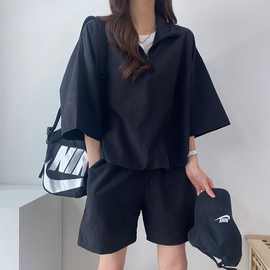 外贸高领拉链短袖短裤女装两件套款春夏季时尚休闲运动服套装宽松