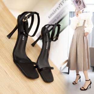 High Heels Women's 2023 New Summer Cyber Celebrity Elegant High Heel High Heel Letter Single Character with Square Head Rhinestone Sandals