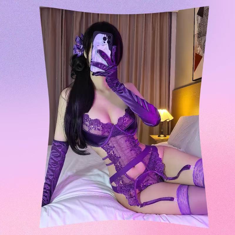 Purple Maid Roleplay Lingerie Set with Steel Rings, Stockings and Gloves — detail image 5