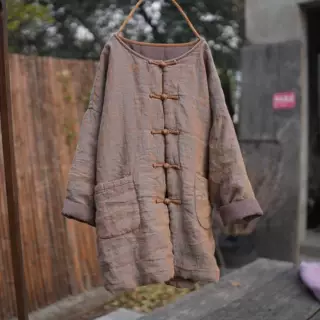 325 色织亚麻棉衣 纯手工缝制盘扣 中长款棉衣大口袋棉服棉袄