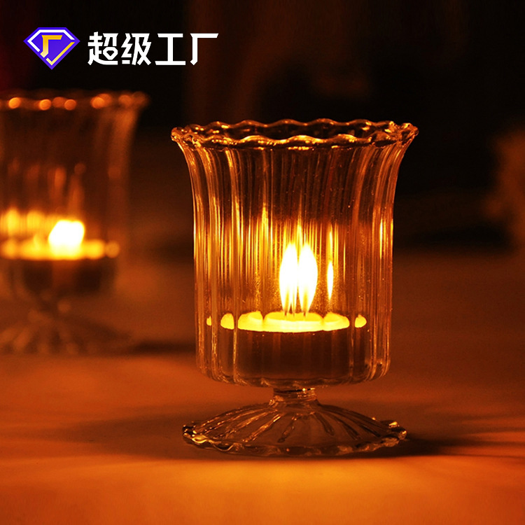 mxmade简约杯式透明玻璃条纹烛台 浪漫晚餐 居家摆件