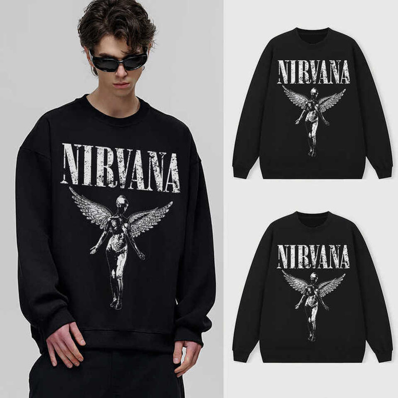 Autumn and Winter Velvet Hooded Pullover Sweatshirt for Men and Women Nirvana Retro Style Digital Direct Printing Printing Long Sleeves for Men and Women Autumn and Winter Velvet Hooded Pullover Sweatshirt for Men and Women Nirvana Retro Style Digital Direct Printing Printing Long Sleeves for Men and Women