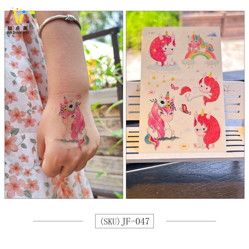 Amazon Venta caliente brillo lindo postre de Navidad unicornio niños tatuaje pegatinas impermeable tatuaje de larga duración