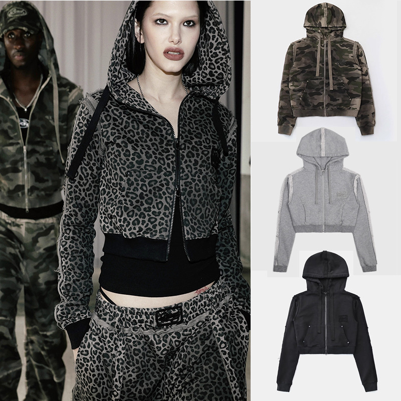 Badblood American Retro Leopard Print Camouflage Hooded Zipper Sweatshirt Sexy Casual Short Autumn and Winter Cardigan Jacket