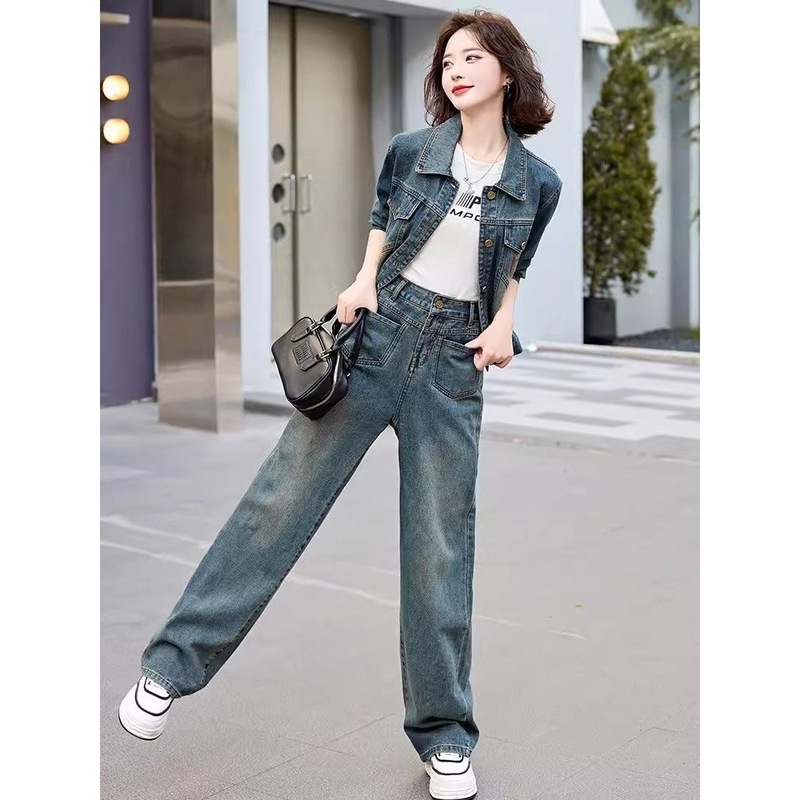 时尚减龄牛仔套装女2025春秋季新款洋气气质显瘦阔腿裤长袖两件套|undefined