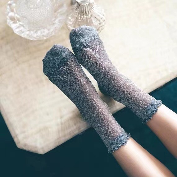 Spot Korean socks spring and summer thin transparent silver onion bright silk mesh shiny wood ear short stockings Dongdaemun women's socks