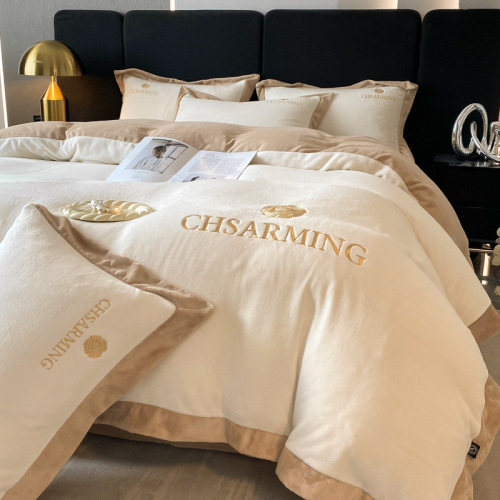 Light Luxury Embroidered Milk Velvet Bedding Set Winter Thick Coral Velvet Fleece Comforter and Sheet Set