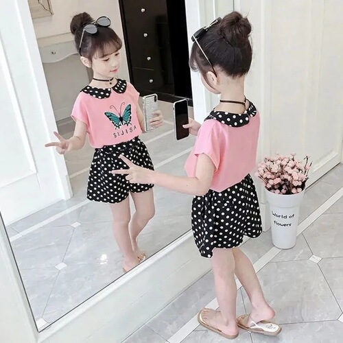 Girls' suits, summer clothes, new Korean style sports suits for primary and secondary school students, little girls' fashionable beach shorts two-piece set