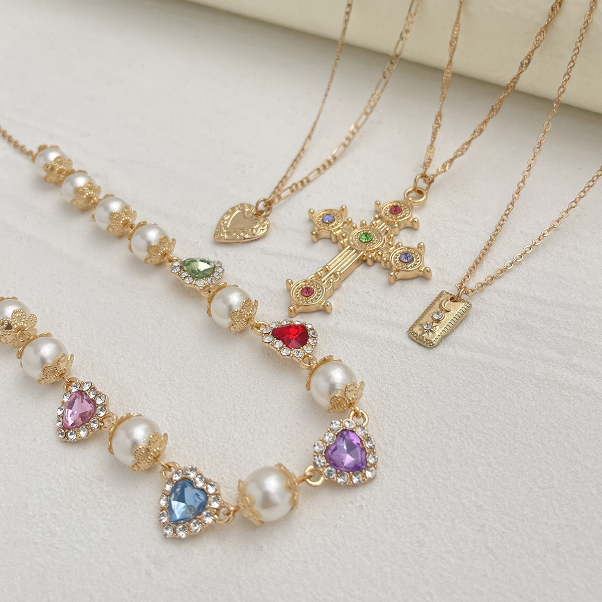 Collier Multirang Femme Avec Pendentif Croix Et Cœurs Strass_voghion.com