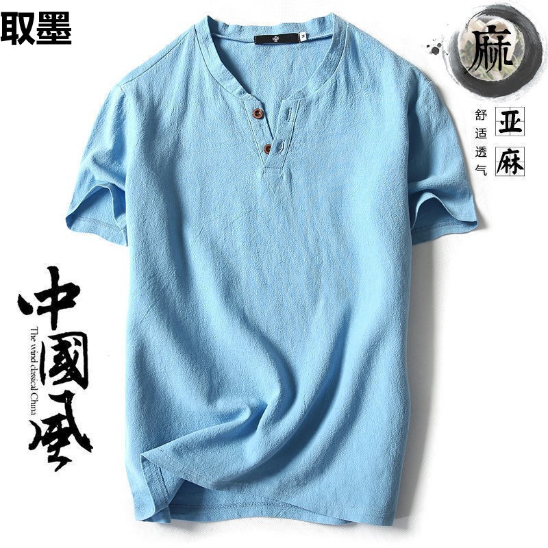 Chinese Style Linen T-shirt Men's Short-sleeved Summer Solid Color Cotton and Linen Half-sleeved V-neck Base Shirt Chinese Style Men's All-match Top